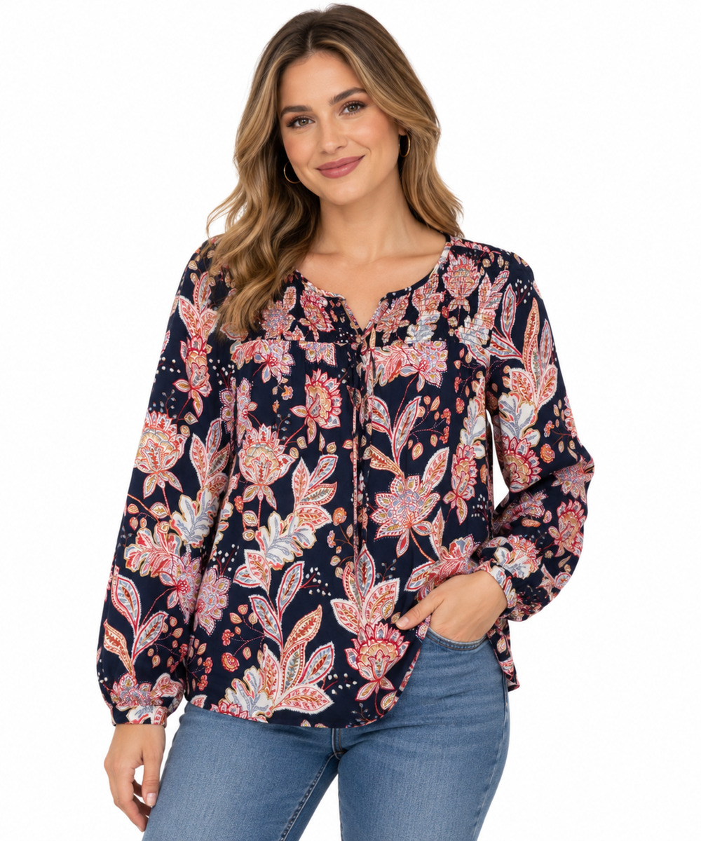 Lucky Brand Womens Top Size M Floral Boho Peasant Blouse Long Sleeve Fairy